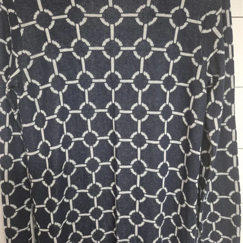 C by Bloomingdales Navy & White Chain Pattern Open Front Cardigan With Green Tri - Picture 6 of 7